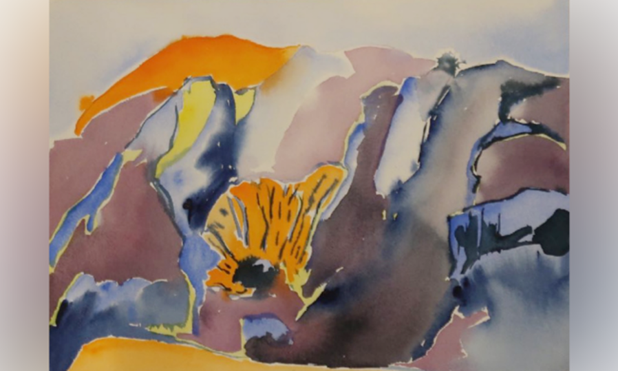 et maleri av gul og blå maling på en hvit overflate, skisse ny kunst Ellingsrud skole