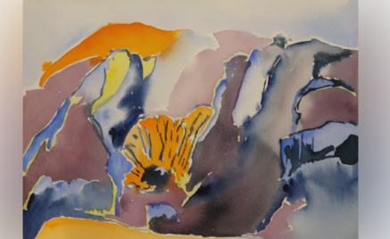 Foto: Apichaya Wanthiang et maleri av gul og blå maling på en hvit overflate, skisse ny kunst Ellingsrud skole