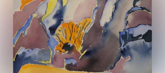 Foto: Apichaya Wanthiang et maleri av gul og blå maling på en hvit overflate, skisse ny kunst Ellingsrud skole